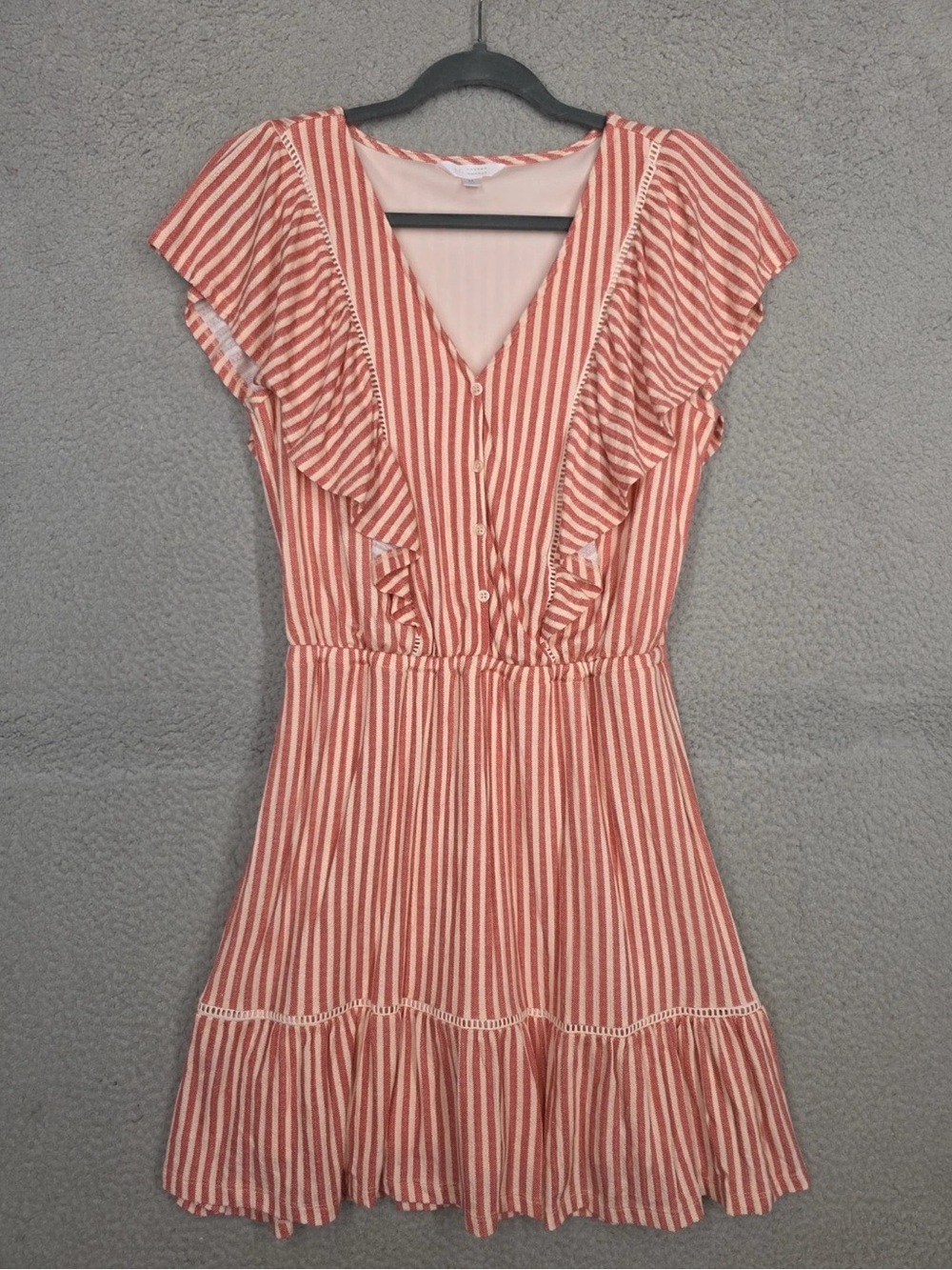 LC Lauren Conrad Coral and White Striped Ruffle V-Neck Mini Dress